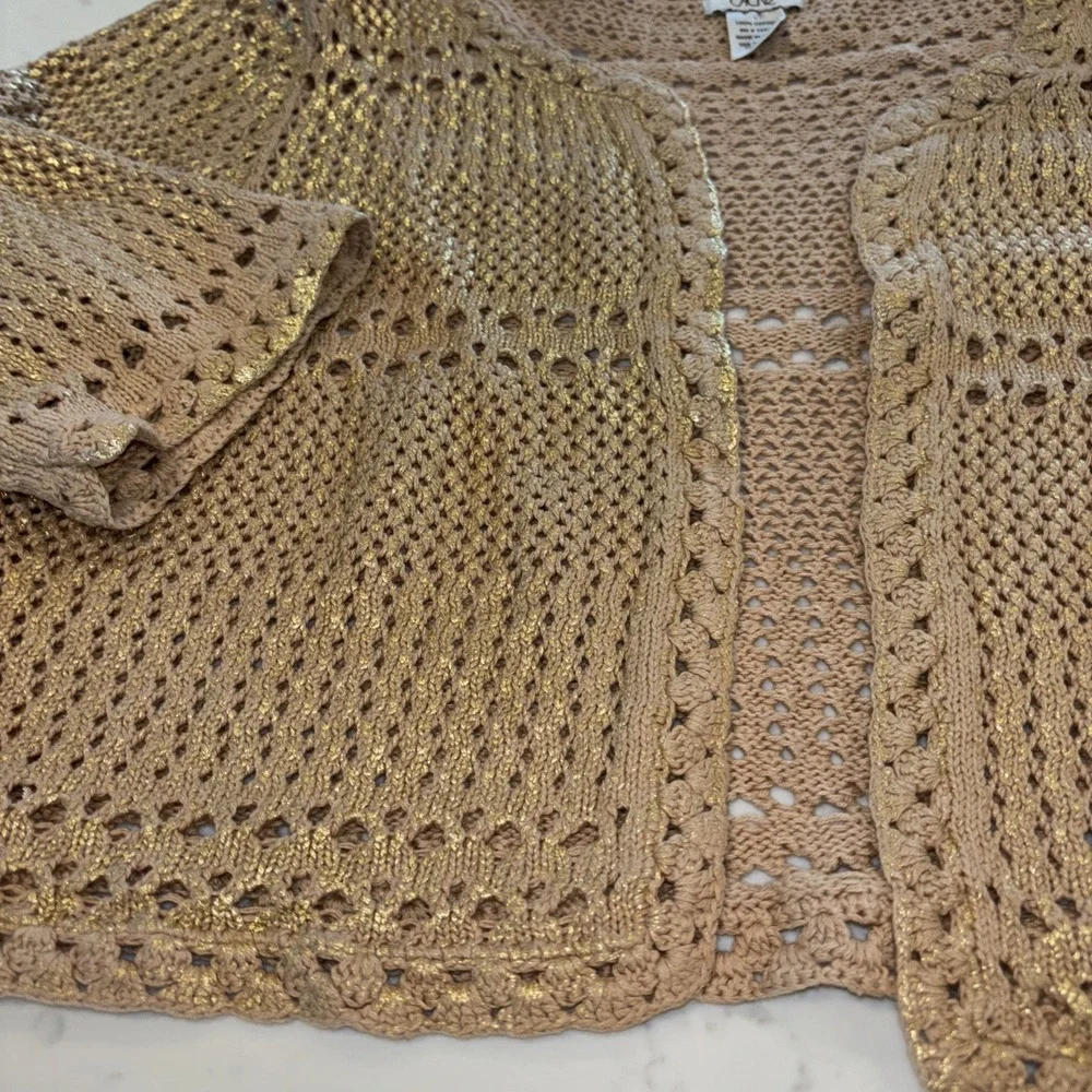 Cache Gold Metallic Short Sleeve Cardigan Size Large 100% Cotton Crochet EUC - Picture 4 of 7